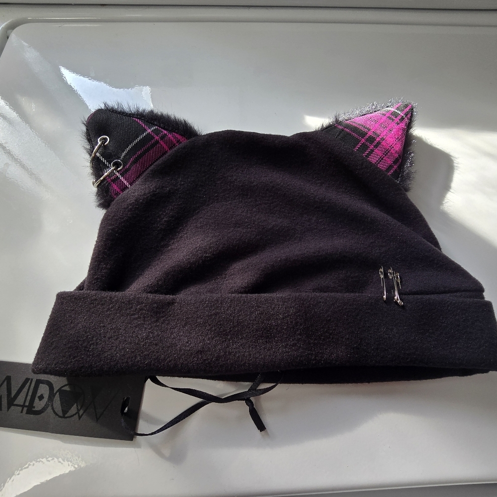 Dolls Kill- Widow- Punk- Kitty Ear- Safety Pin and O Ring- Pink Plaid Hat